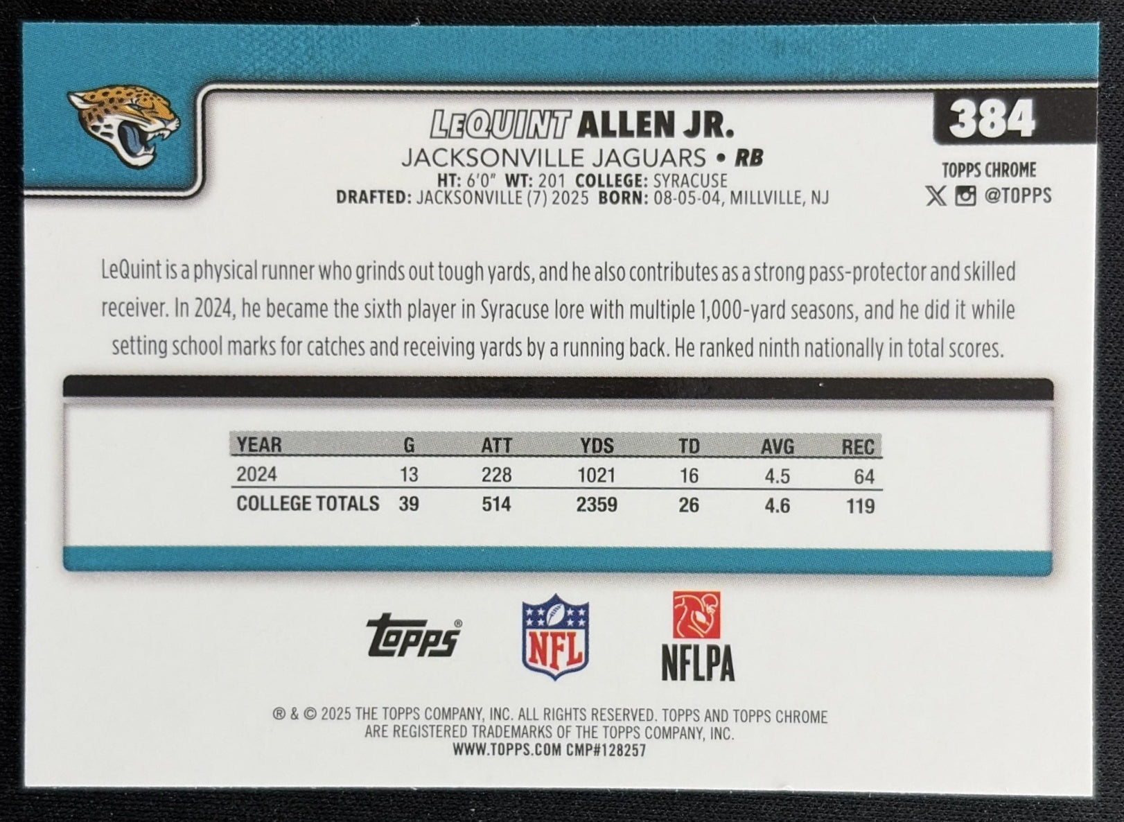LeQuint Allen Jr. 2025 Topps Chrome Rookie Prism Refractor Jaguars back