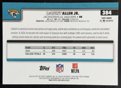 LeQuint Allen Jr. 2025 Topps Chrome Rookie Prism Refractor Jaguars back
