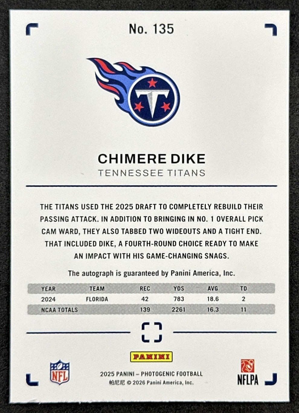 Chimere Dike 2025 Panini PhotoGenic Rookie Auto Bronze Titans Sports Trading Cards