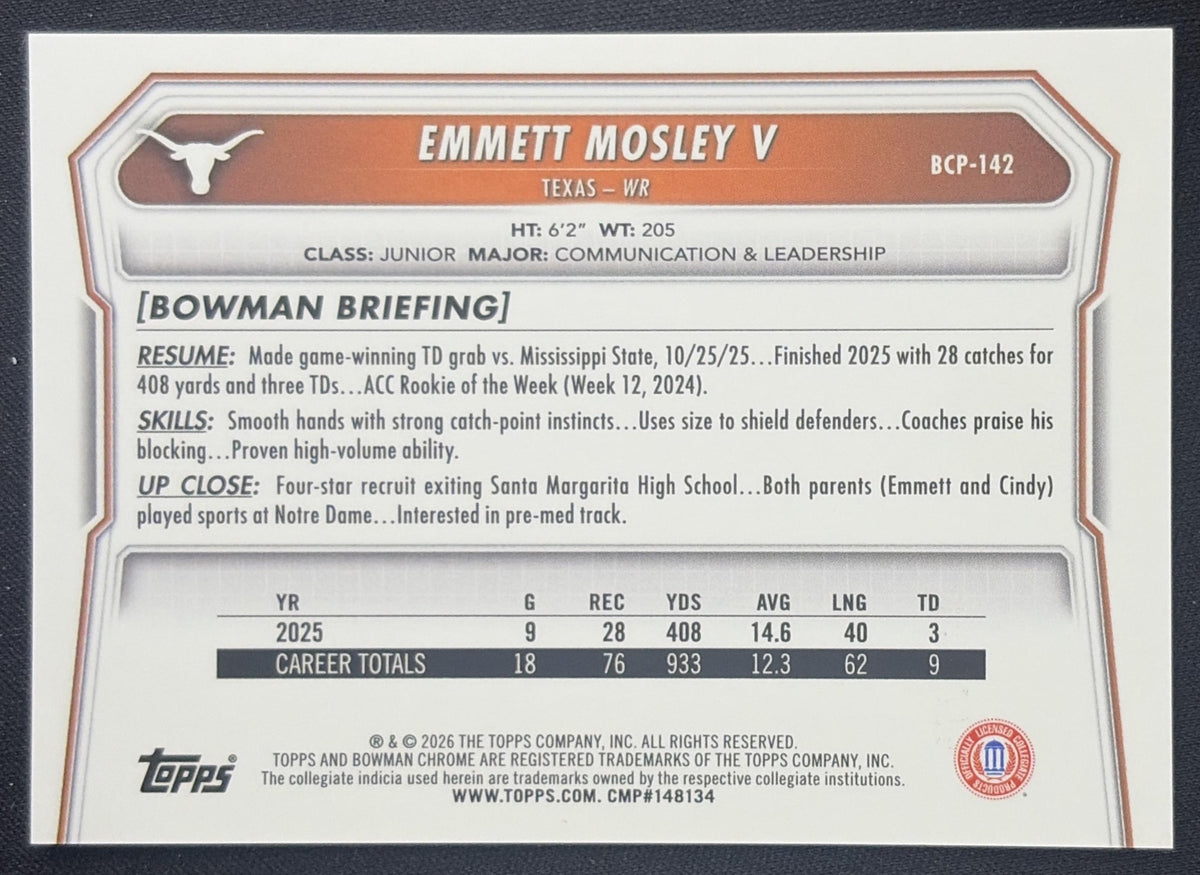 Emmett Mosley V 2026 Bowman Chrome Prospects Yellow Refractor /275 Longhorns