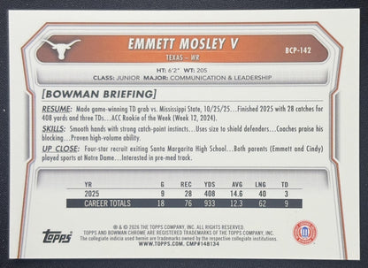 Emmett Mosley V 2026 Bowman Chrome Prospects Yellow Refractor /275 Longhorns