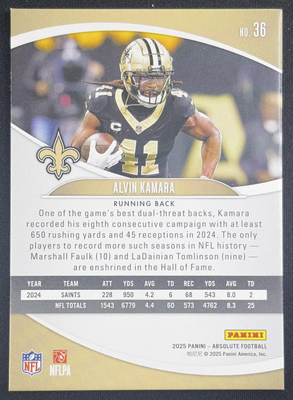 Alvin Kamara 2025 Panini Absolute Spectrum Orange /150 Saints New Orleans Saints
