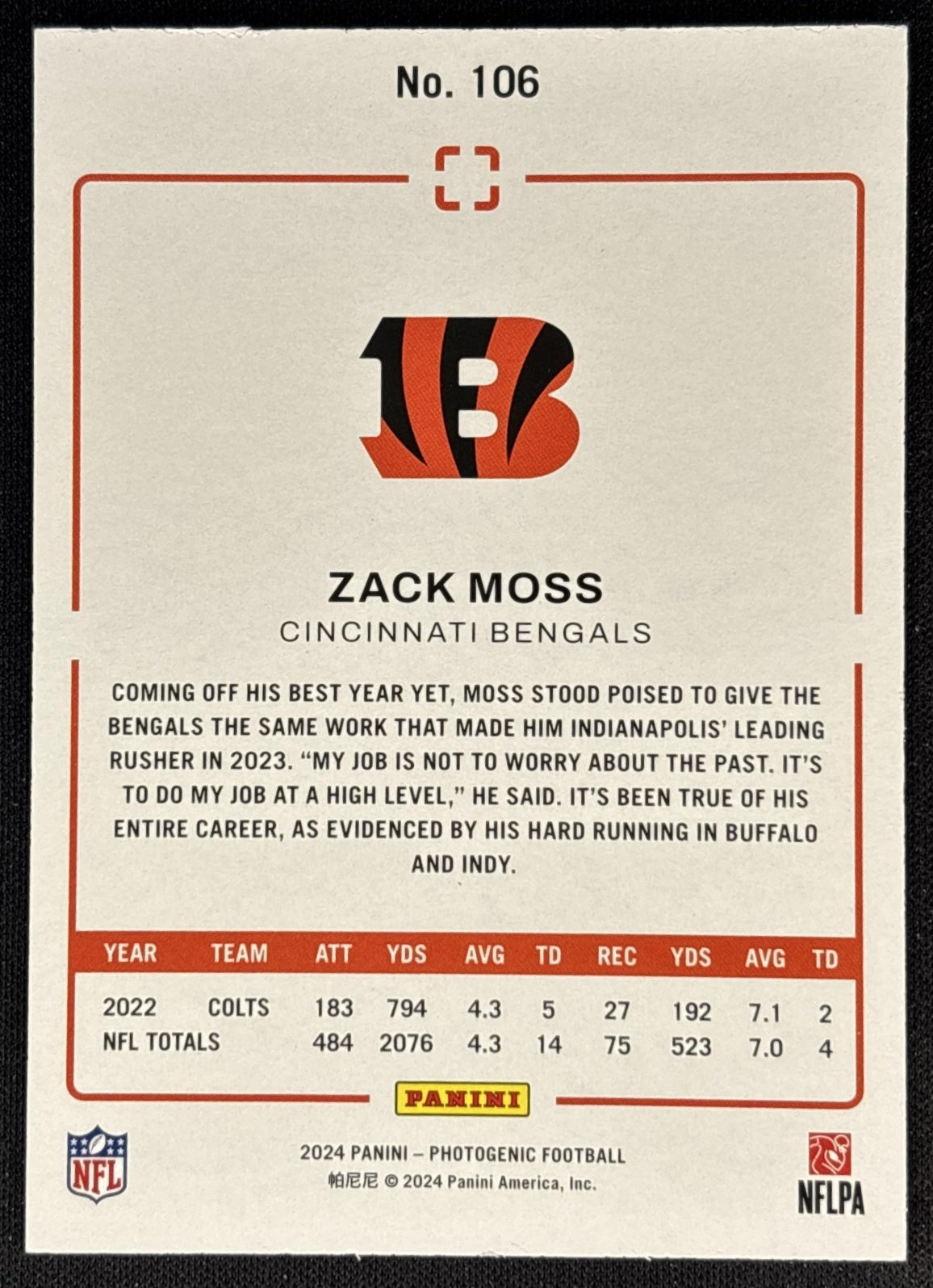 Zack Moss 2024 Panini Photogenic /150 Bengals