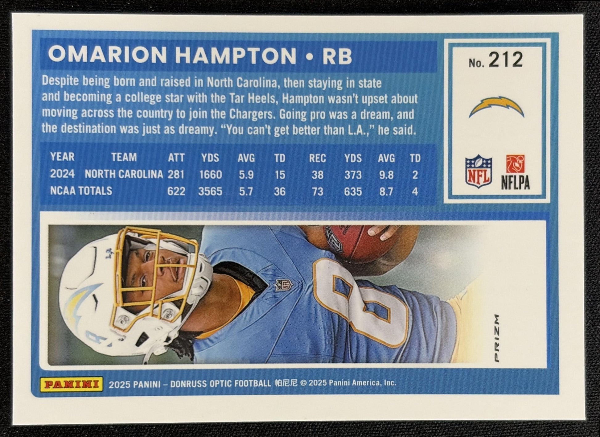 Omarion Hampton 2025 Panini Donruss Optic Rated Rookie Blue Hyper Prizm Chargers back