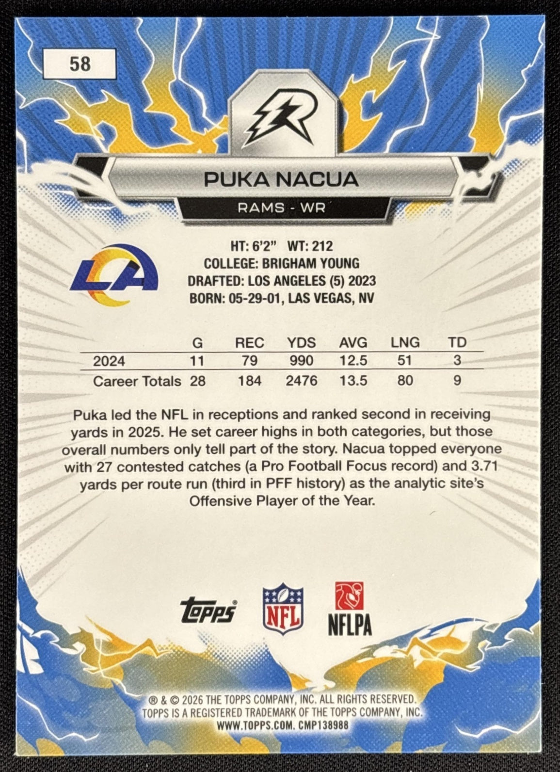 Puka Nacua 2025 Topps Resurgence Blue and Orange Spark Refractor Rams