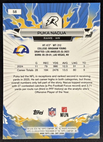 Puka Nacua 2025 Topps Resurgence Blue and Orange Spark Refractor Rams