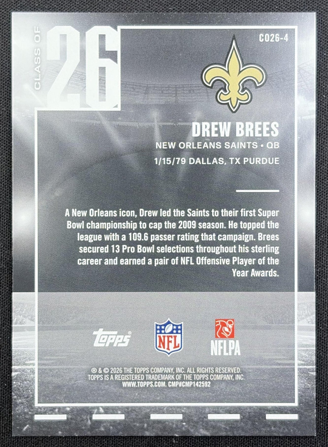 Drew Brees 2026 Topps Class of '26 Saints back
