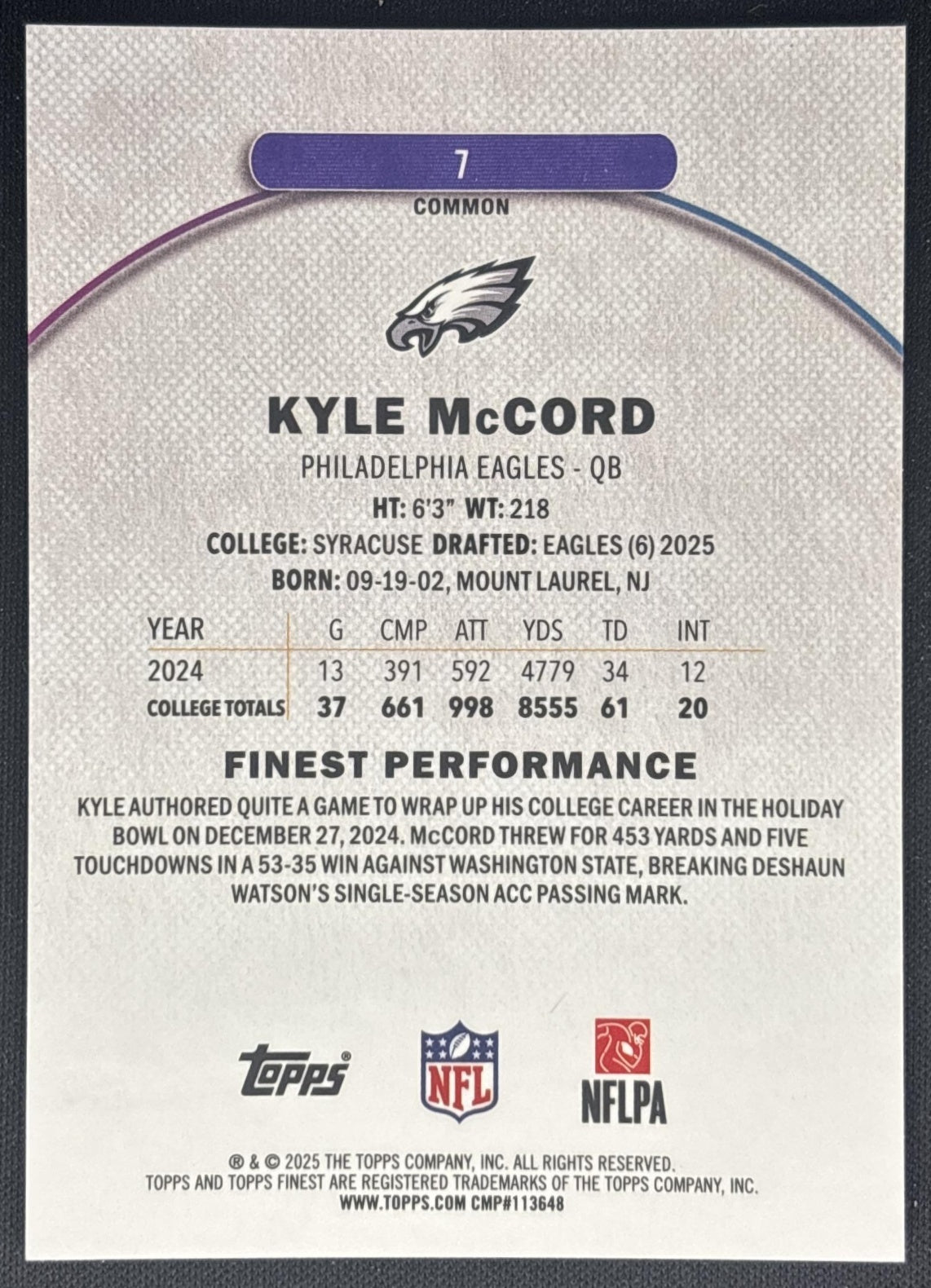 Kyle McCord 2025 Topps Finest Purple Refractor /250 Eagles back
