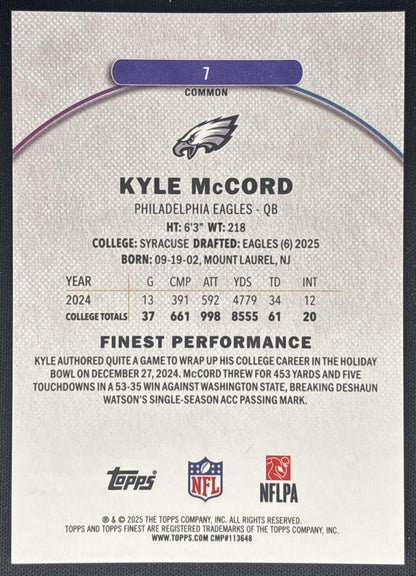 Kyle McCord 2025 Topps Finest Purple Refractor /250 Eagles back