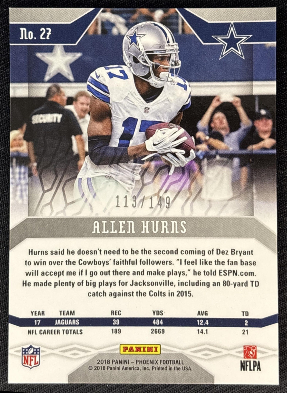 Allen Hurns 2018 Panini Phoenix Purple /149 Cowboys Sports Trading Cards