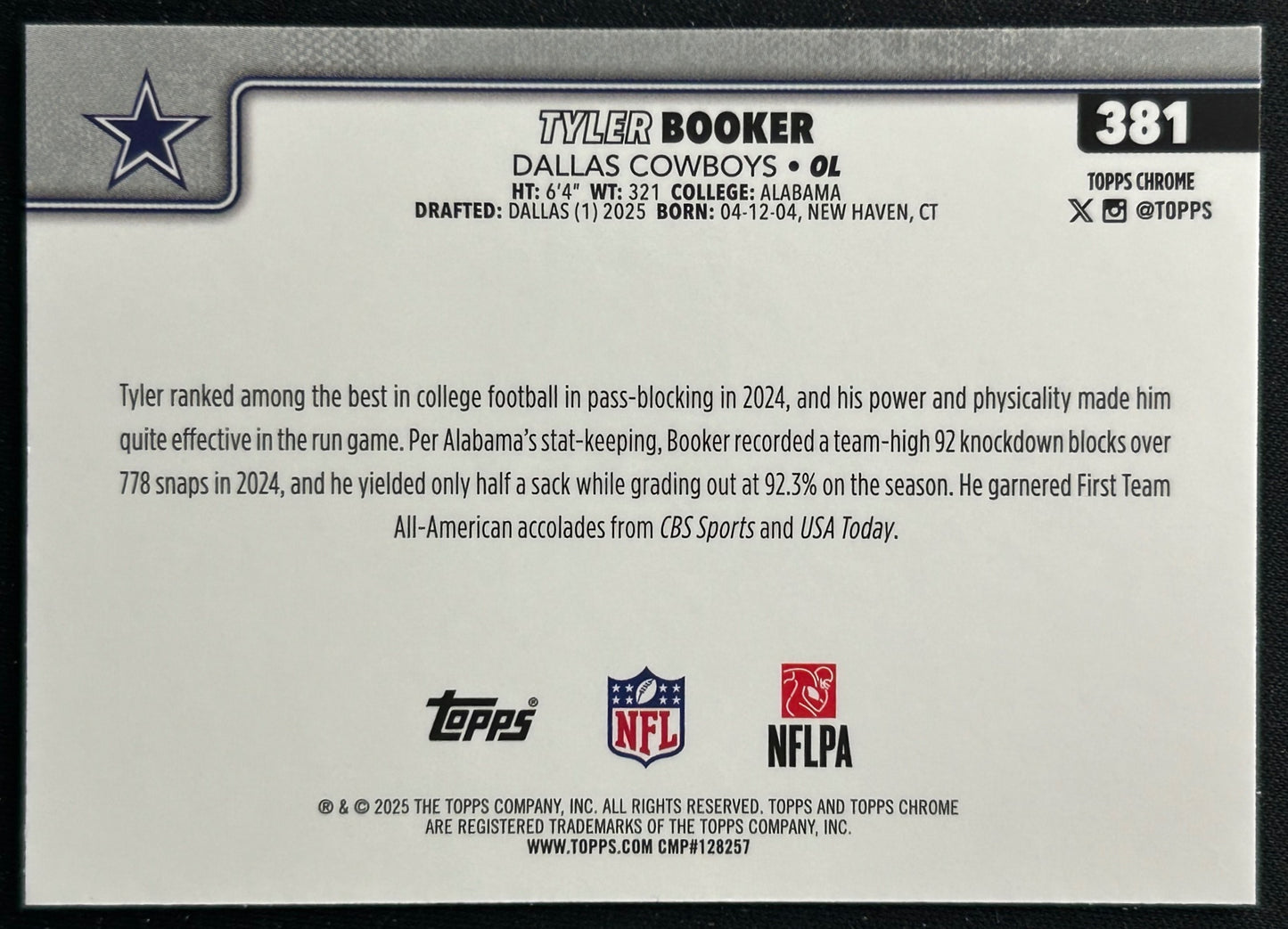 Tyler Booker 2025 Topps Chrome Rookie Cowboys Sports Trading Cards