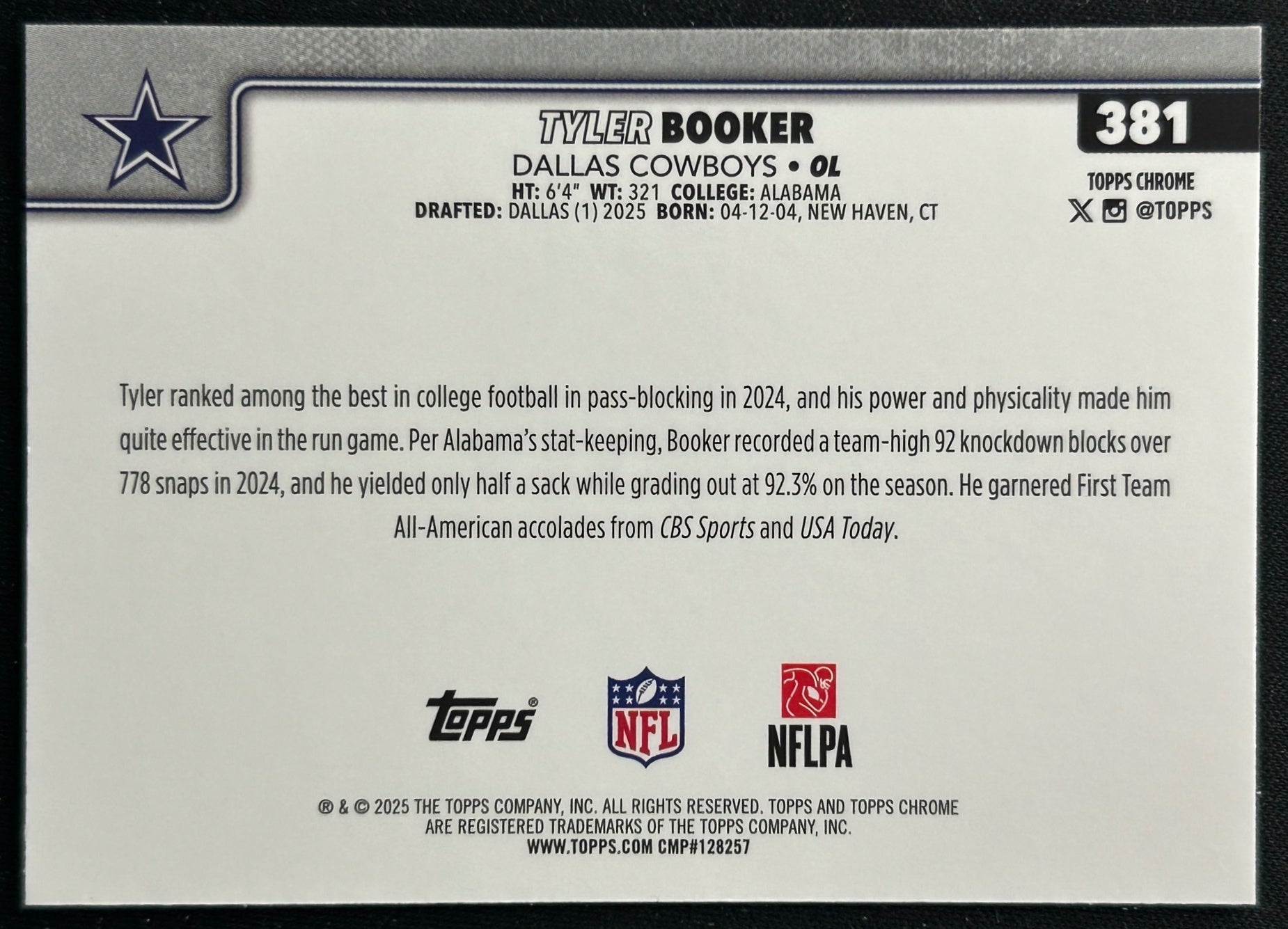 Tyler Booker 2025 Topps Chrome Rookie Cowboys Sports Trading Cards
