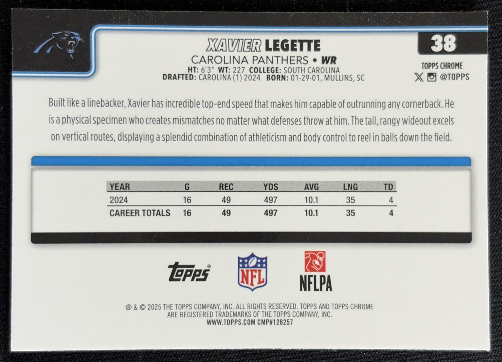 Xavier Legette 2025 Topps Chrome RayWave Refractor Panthers