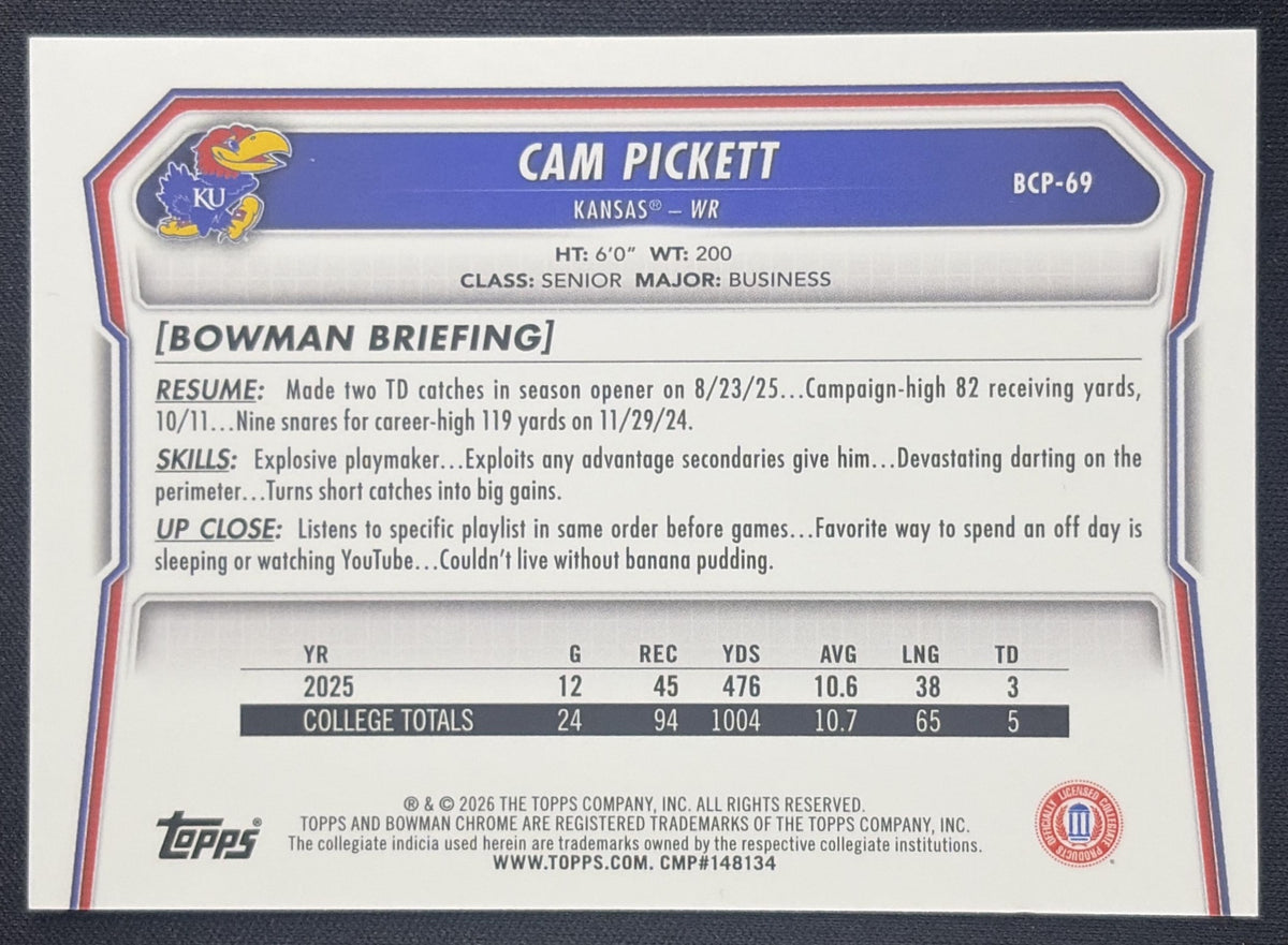Cam Pickett 2026 Bowman Chrome Prospects Green Shimmer Refractor /99 Jayhawks