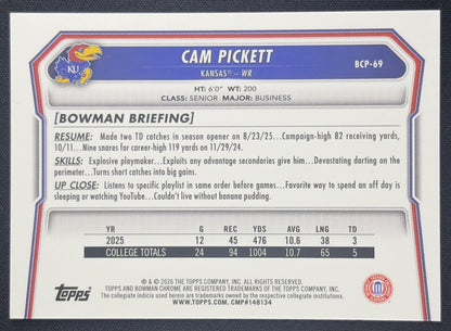 Cam Pickett 2026 Bowman Chrome Prospects Green Shimmer Refractor /99 Jayhawks