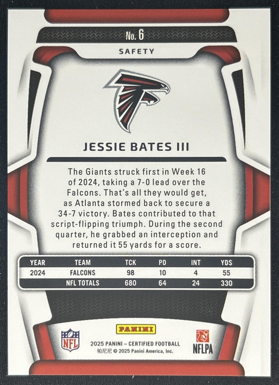 Jessie Bates III 2025 Panini Certified Mirror Purple /299 Falcons back
