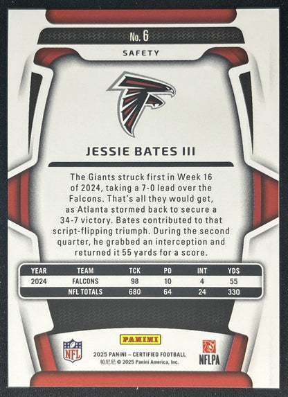 Jessie Bates III 2025 Panini Certified Mirror Purple /299 Falcons back