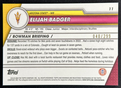 Elijah Badger 2023 Bowman University Chrome Aqua Refractor /299 back