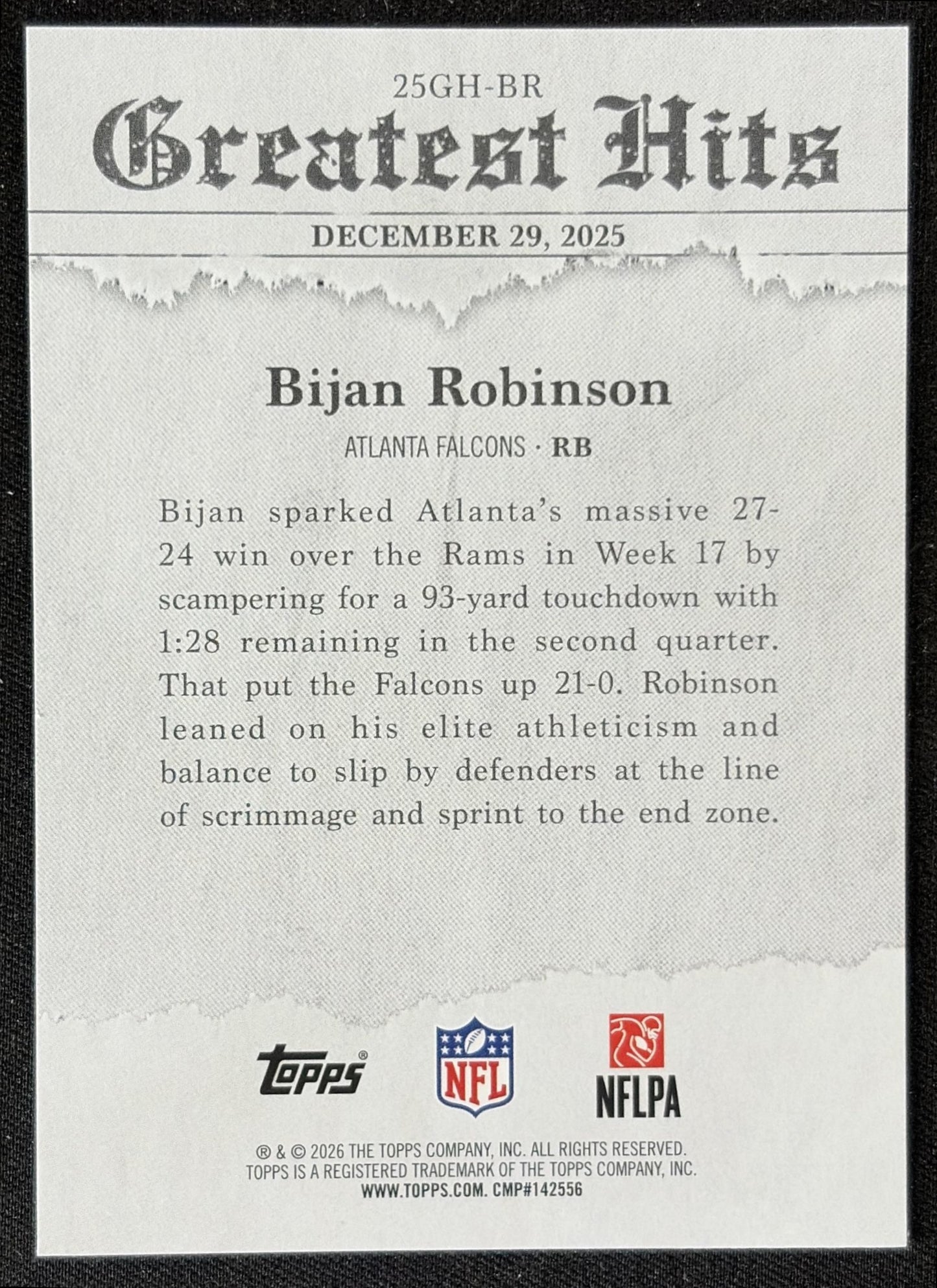 Bijan Robinson 2026 Topps 2025 Greatest Hits Falcons back