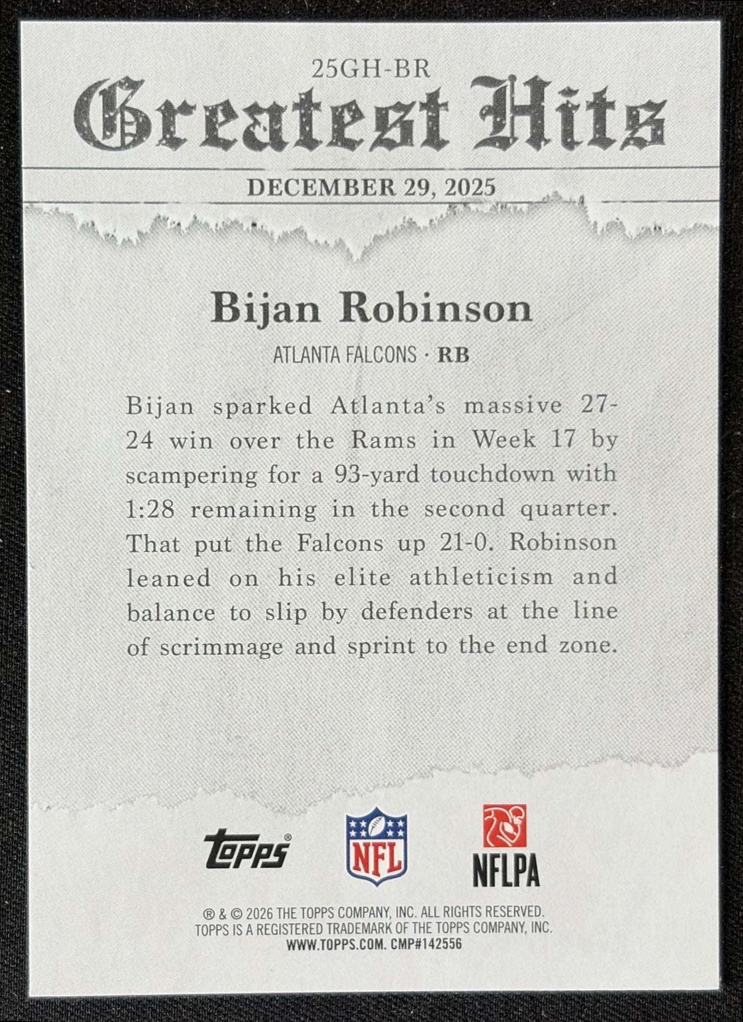 Bijan Robinson 2026 Topps 2025 Greatest Hits Falcons back
