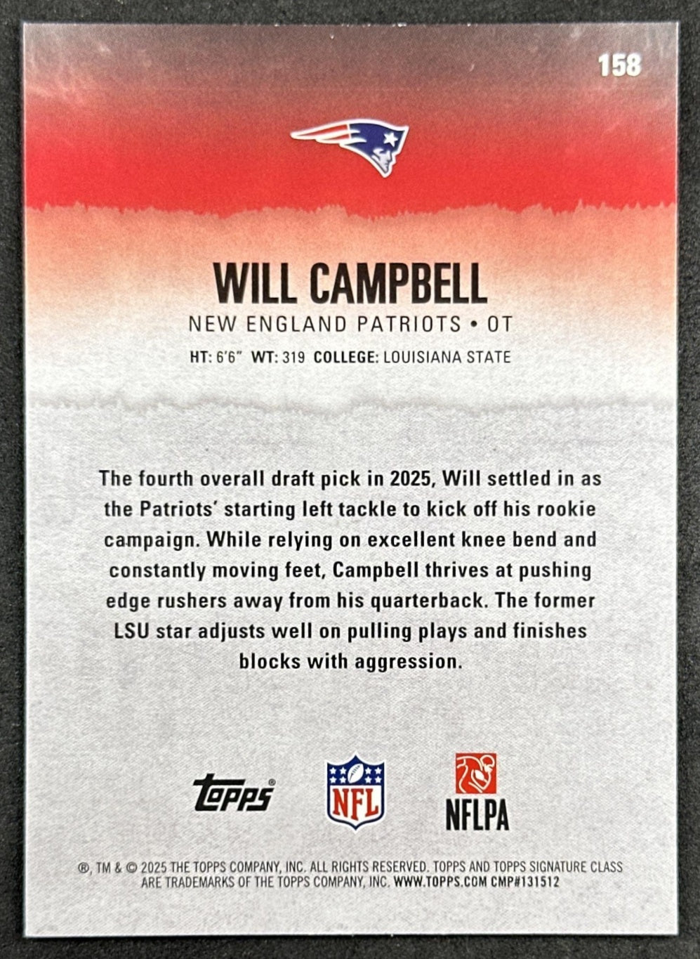 Will Campbell 2025 Topps Signature Class Rookie Patriots