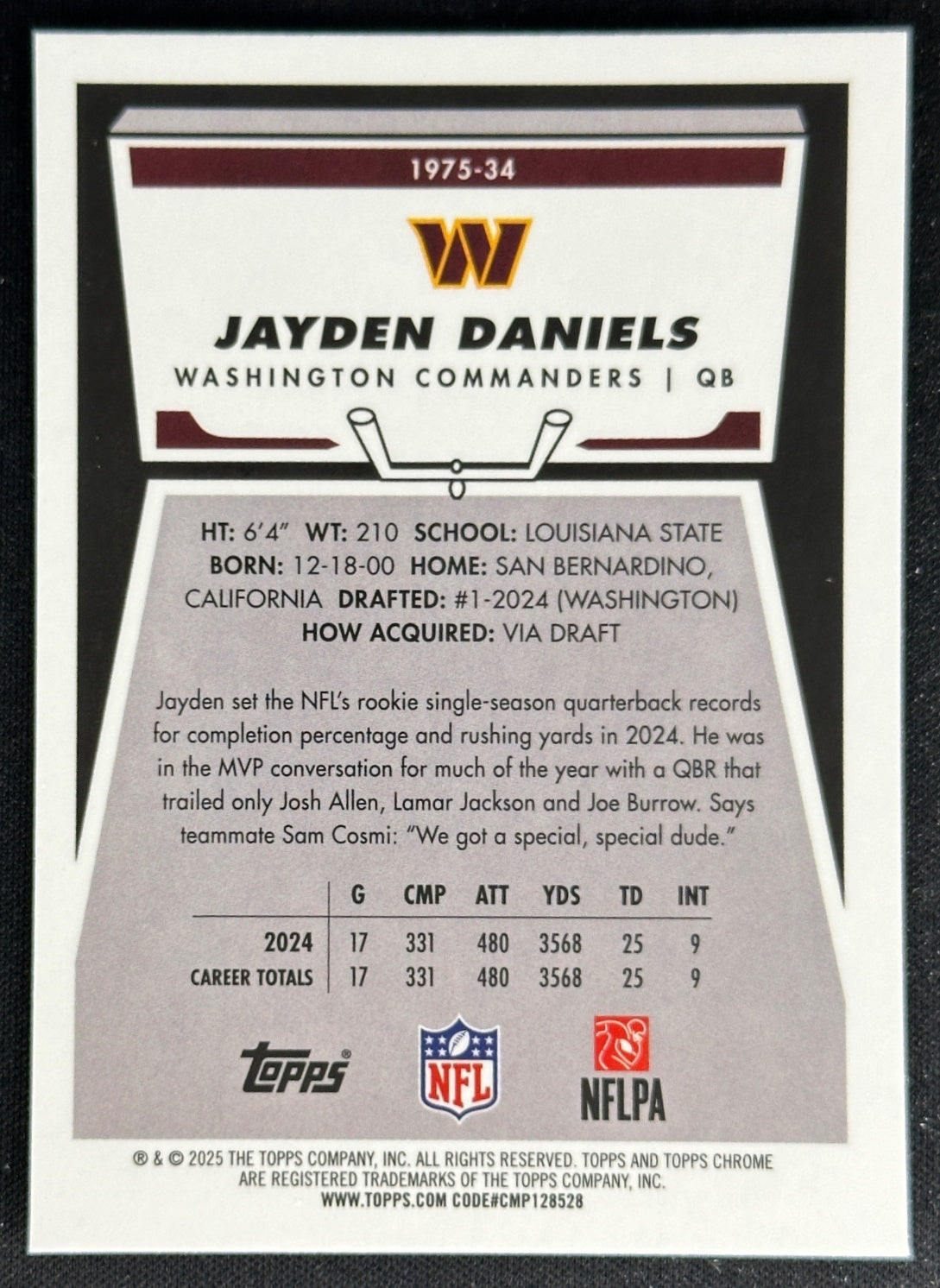 Jayden Daniels 2025 Topps Chrome 1975 Commanders Sports Trading Cards