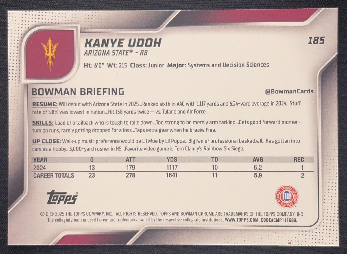 Kanye Udoh 2025 Bowman Chrome University Prospects Yellow Mini-Diamond Refractor /350 Sun Devils Arizona State Sun Devils