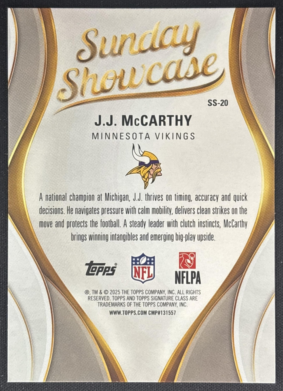 J.J. McCarthy 2025 Topps Signature Class Sunday Showcase Vikings back