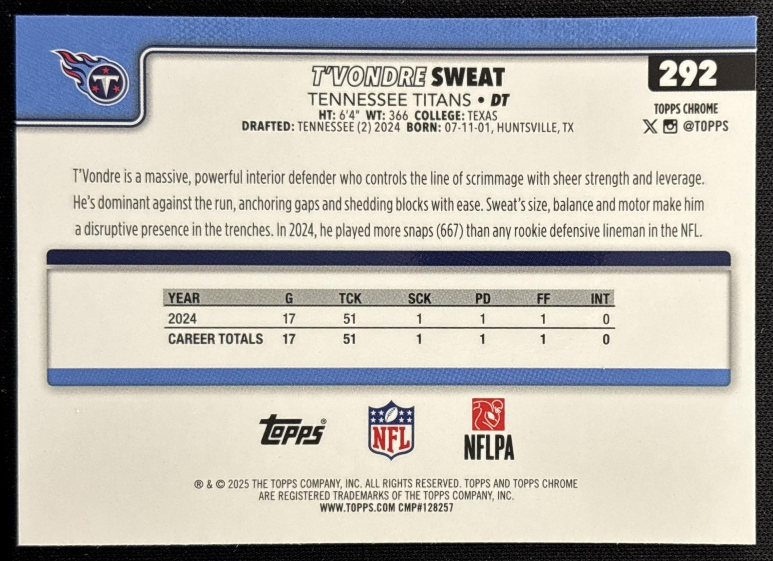 T'Vondre Sweat 2025 Topps Chrome Neon Pulse Refractor Titans Sports Trading Cards