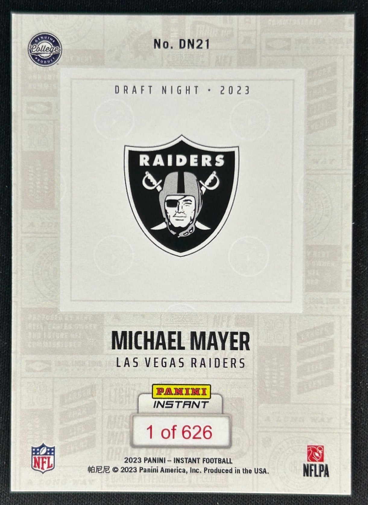 Michael Mayer 2023 Instant NFL Draft Night Raiders back