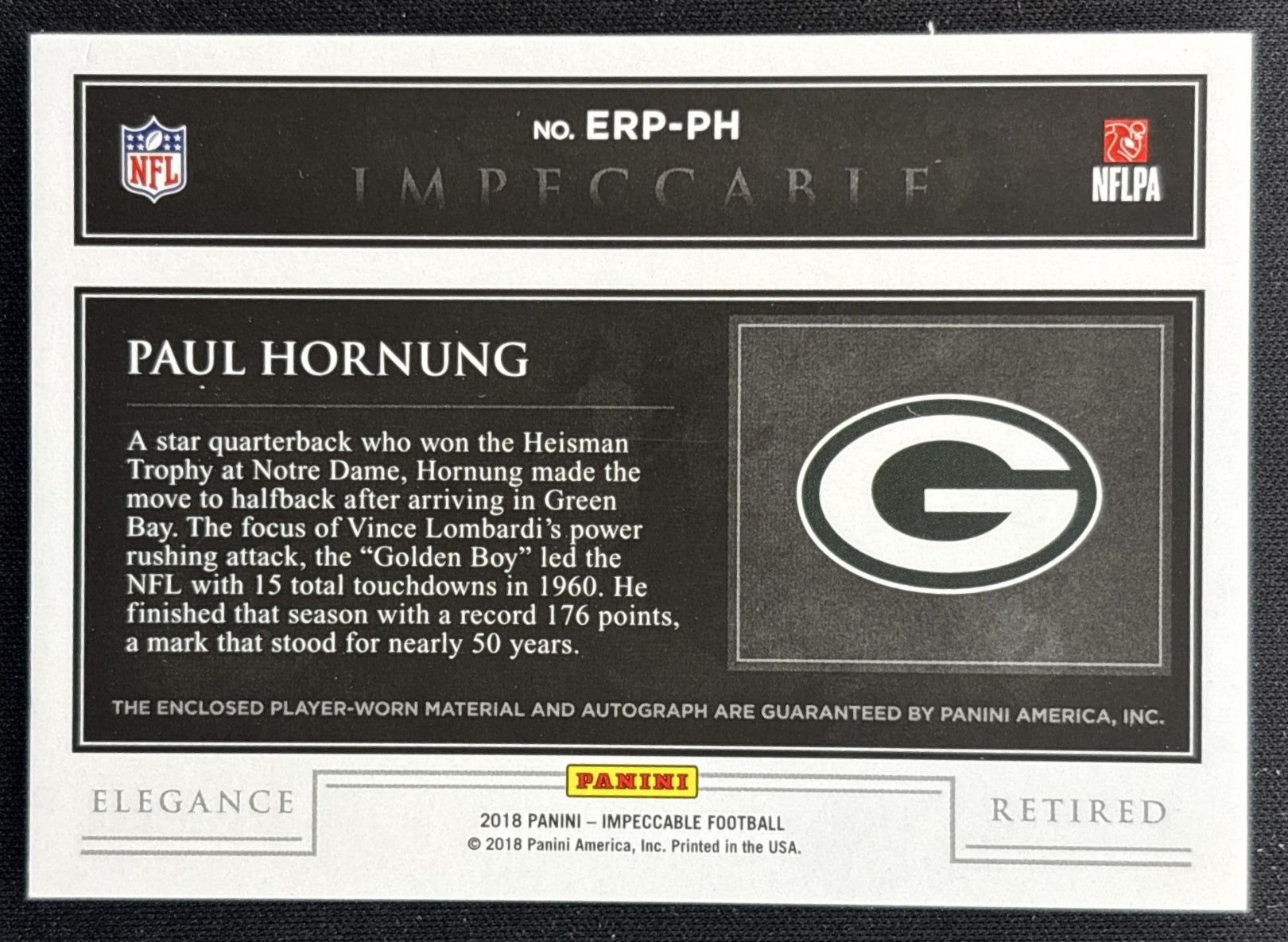 Paul Hornung 2018 Panini Impeccable Elegance Retired Patch Autos /75 Packers back