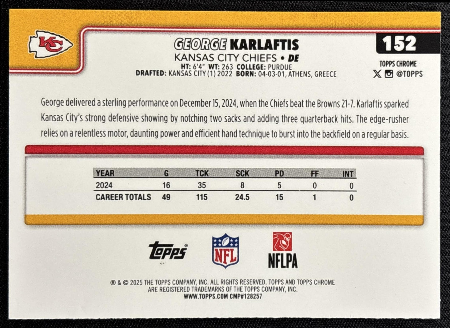 George Karlaftis 2025 Topps Chrome Football Leather Green Refractor /99 Chiefs