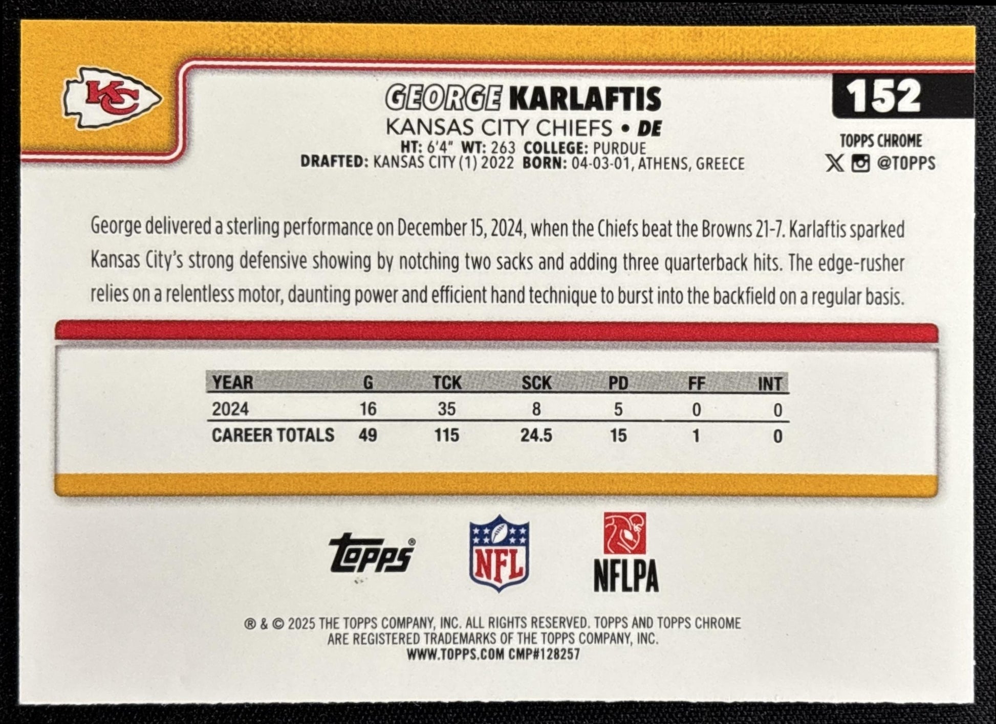 George Karlaftis 2025 Topps Chrome Football Leather Green Refractor /99 Chiefs