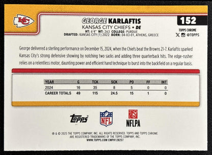 George Karlaftis 2025 Topps Chrome Football Leather Green Refractor /99 Chiefs