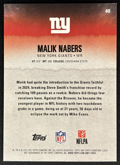 Malik Nabers 2025 Topps Signature Class Veteran Blue & Yellow Foil Giants back