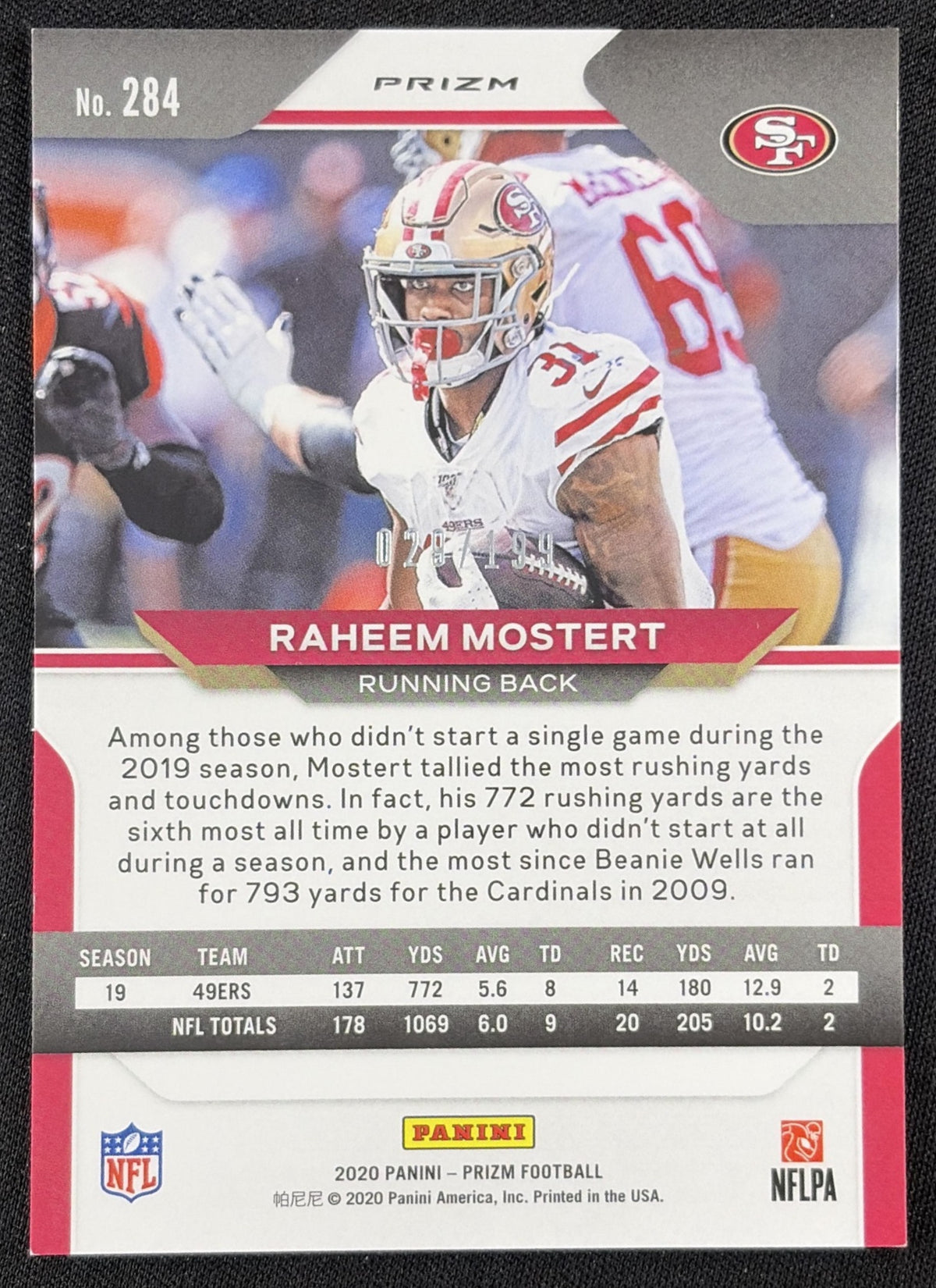 Raheem Mostert 2020 Panini Prizm Blue Wave /199 49ers