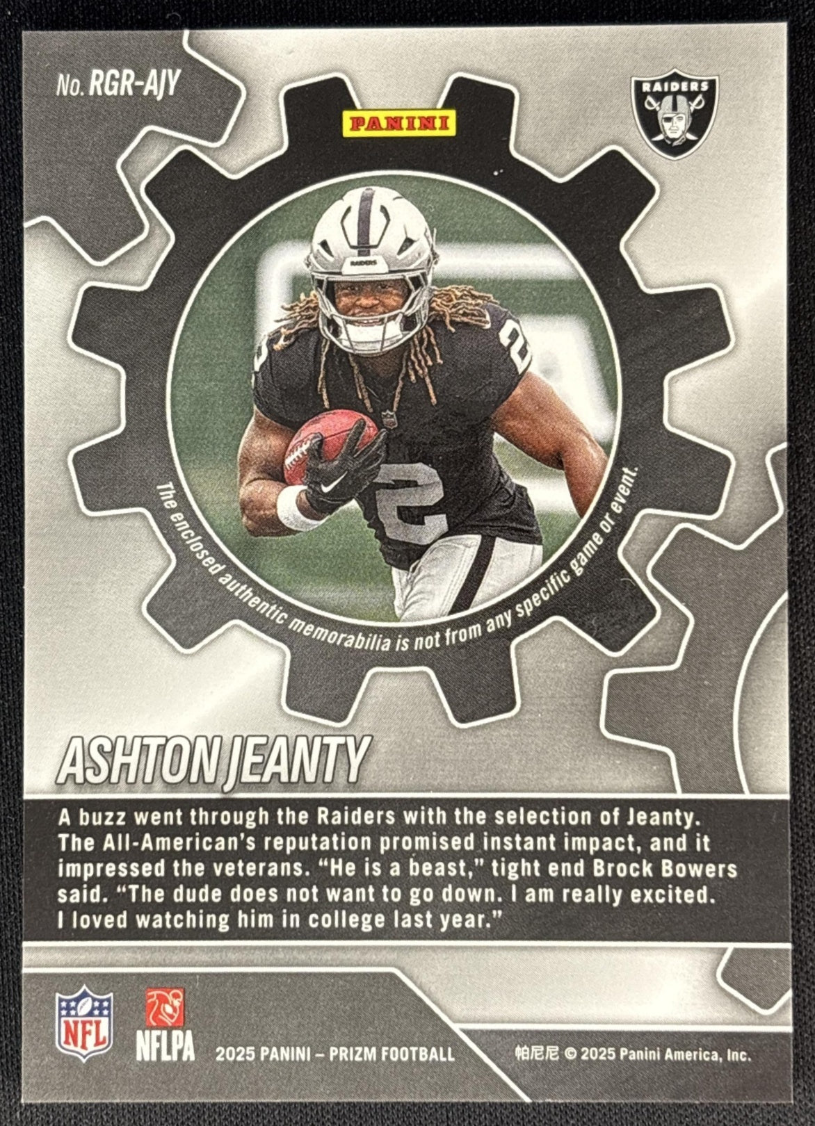 Ashton Jeanty 2025 Panini Prizm Rookie Gear Raiders back