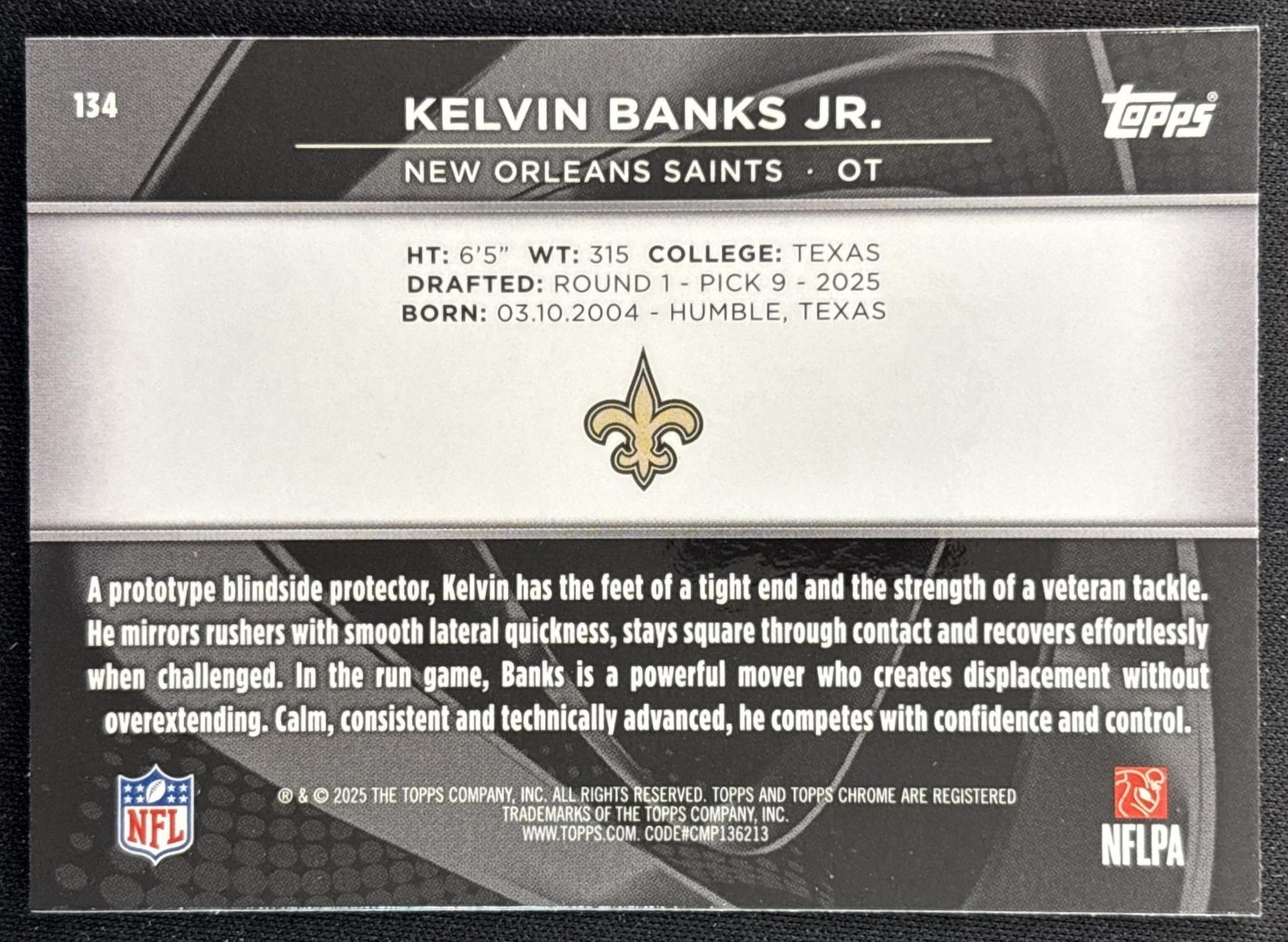 Kelvin Banks Jr. 2025 Topps Chrome Black Saints back