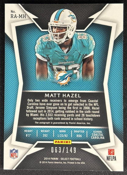 Matt Hazel 2014 Panini Select Rookie Auto /149 Dolphins