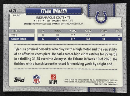Tyler Warren 2026 Topps Holiday Chrome Refractor Colts
