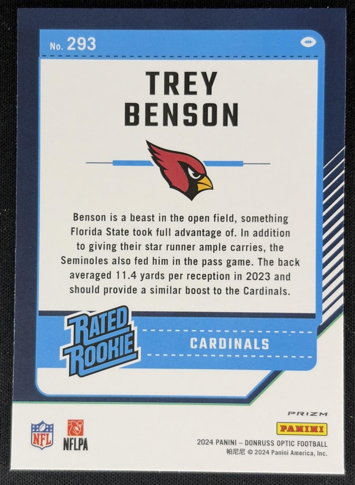 Trey Benson 2024 Panini Donruss Optic Teal Velocity Cardinals back