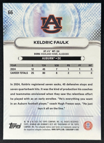 Keldric Faulk 2025 Bowman Best University Pink Lava Refractor /175 Tigers back