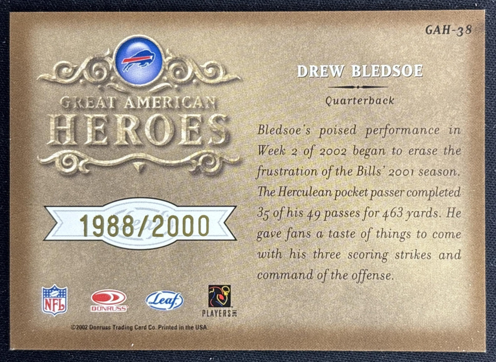 Drew Bledsoe 2002 Leaf Rookies & Stars Great American Heroes /2000 Bills back