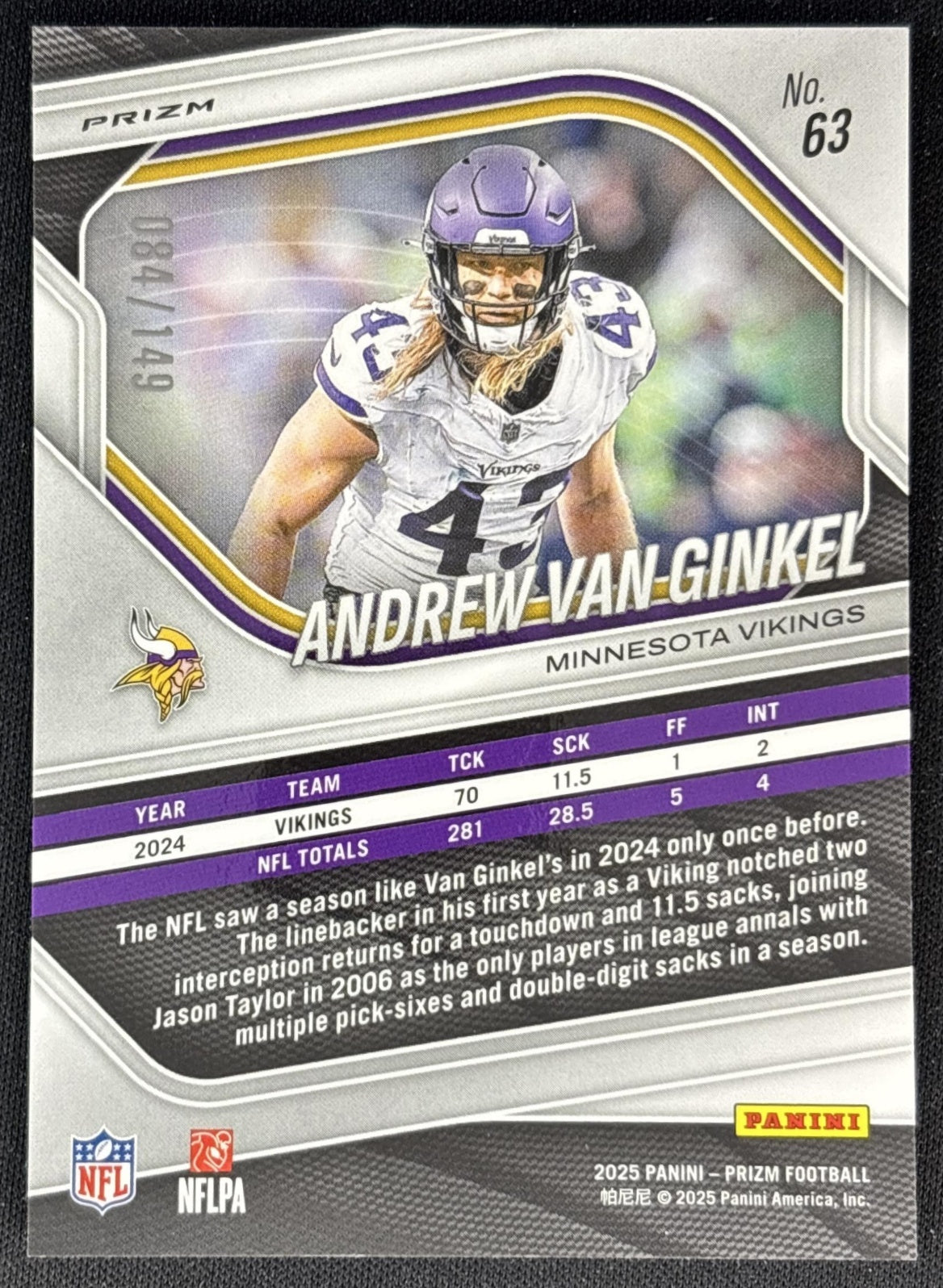 Andrew Van Ginkel 2025 Panini Prizm Red Wave /149 Vikings back