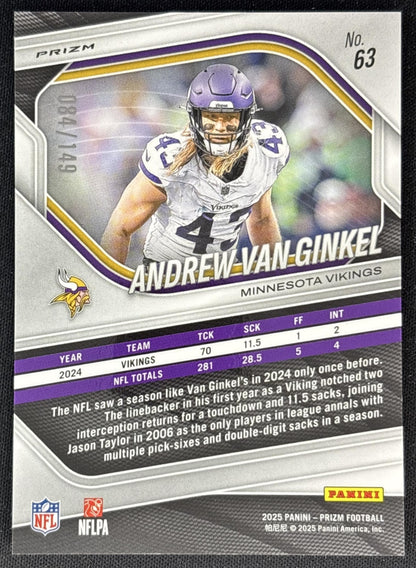 Andrew Van Ginkel 2025 Panini Prizm Red Wave /149 Vikings back