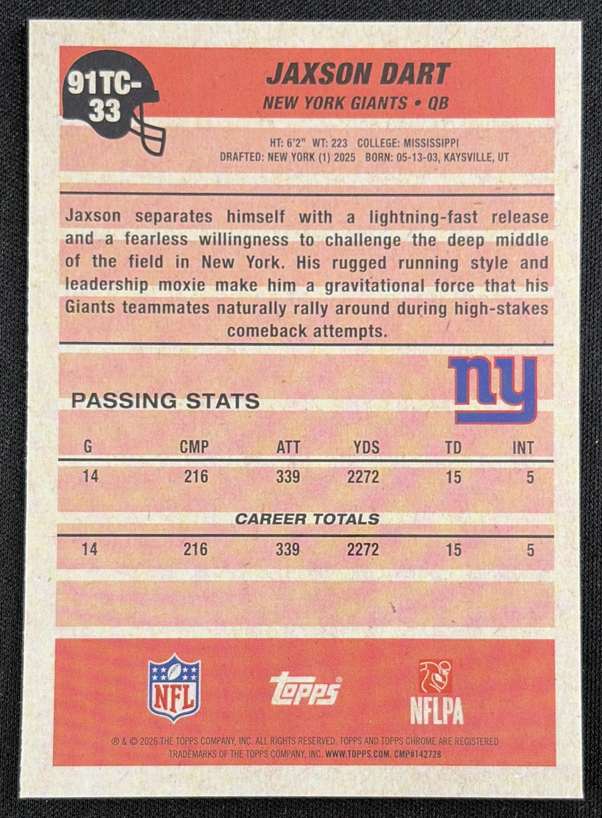Jaxson Dart 2026 Topps 1991 Chrome Mojo Refractor Giants back