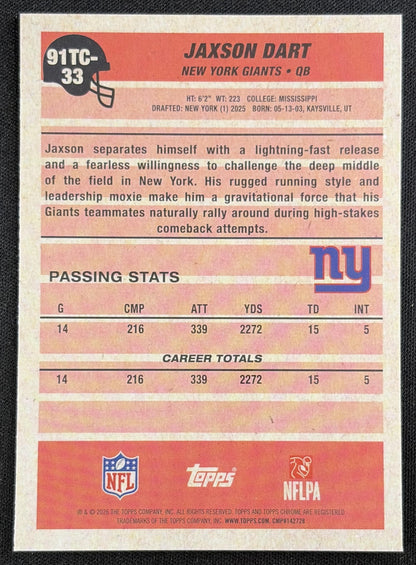 Jaxson Dart 2026 Topps 1991 Chrome Mojo Refractor Giants back