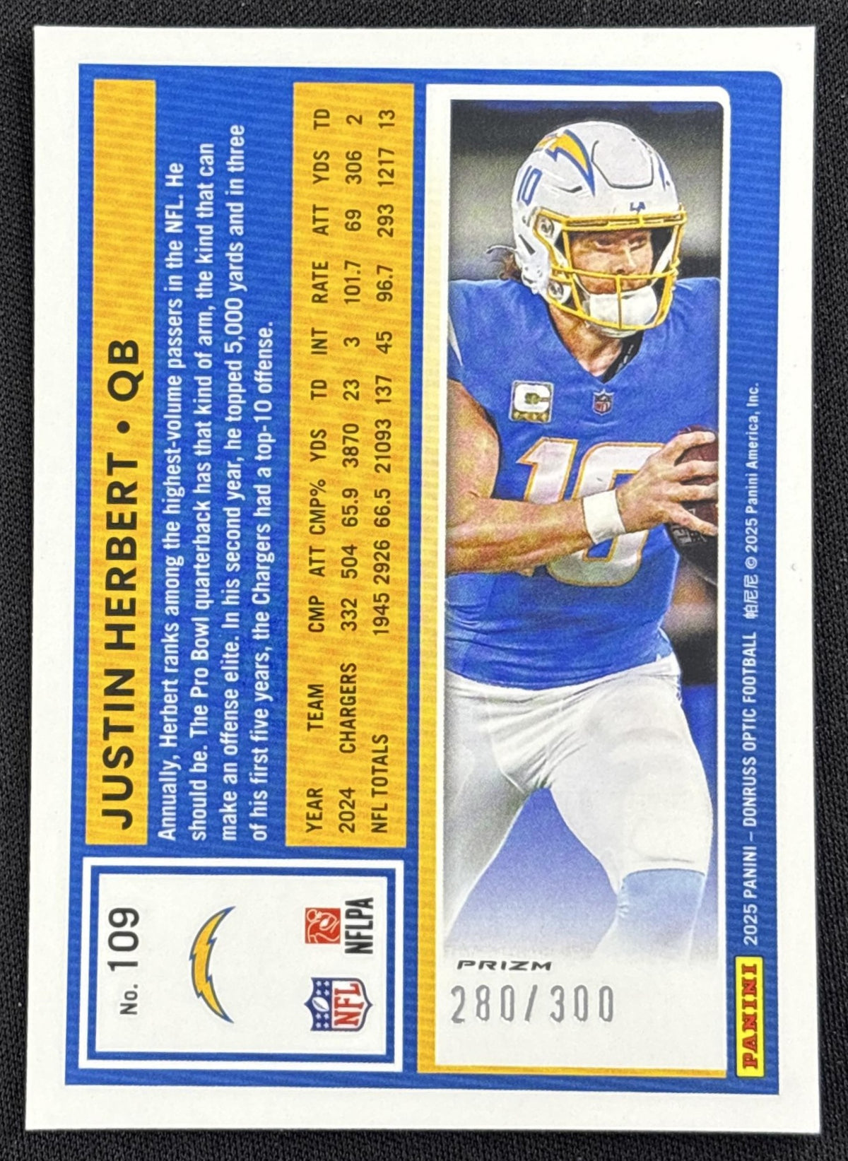 Justin Herbert 2025 Panini Donruss Optic Wave Prizm /300 Chargers - back