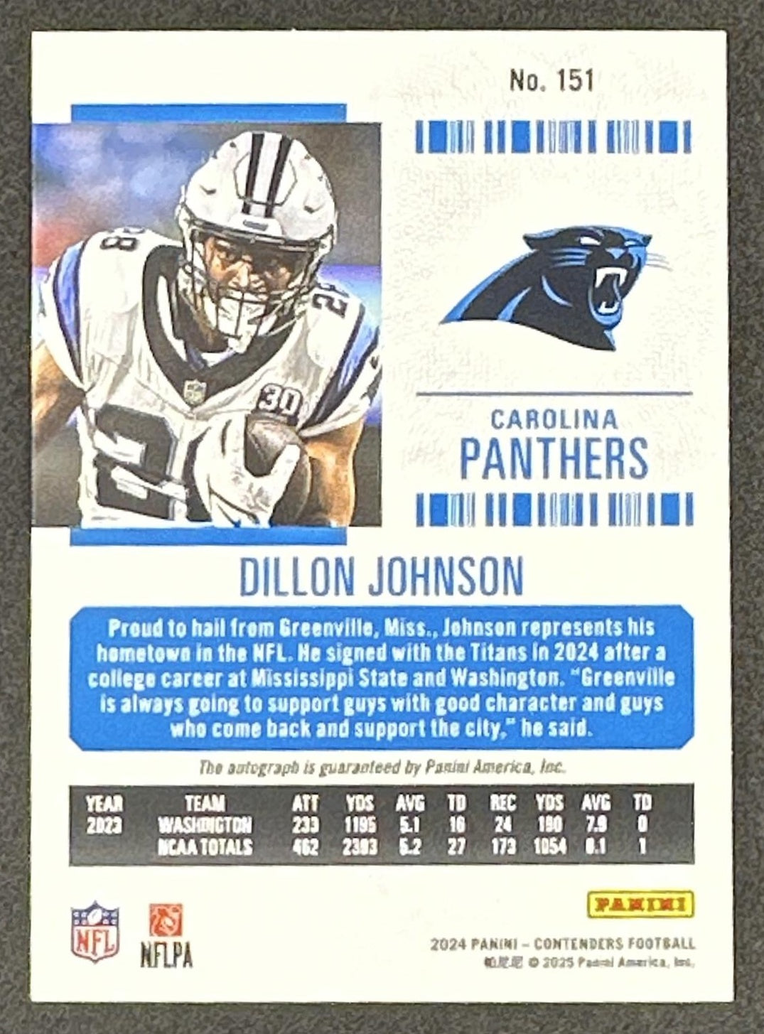 Dillon Johnson 2024 Panini Contenders Rookie Ticket Auto Panthers