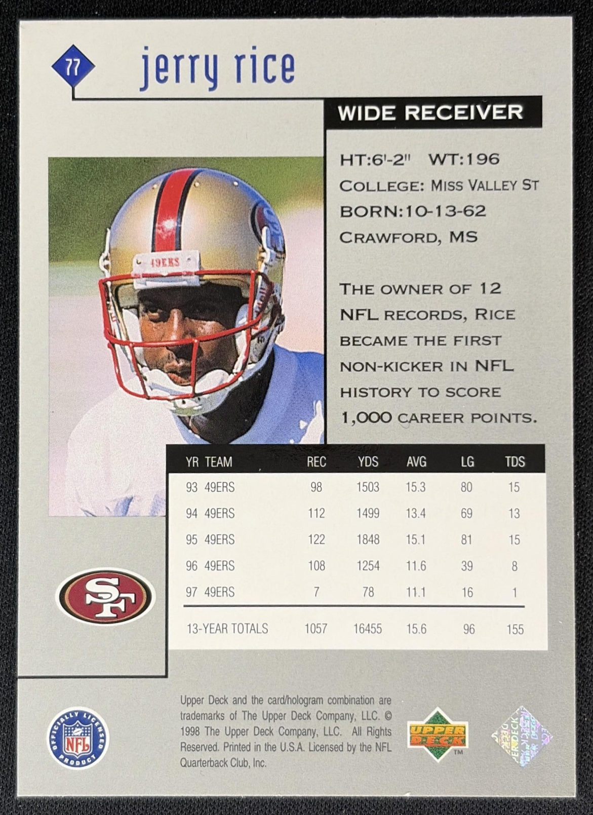 Jerry Rice 1998 Upper Deck Black Diamond Rookie Edition 49ers Sports Trading Cards